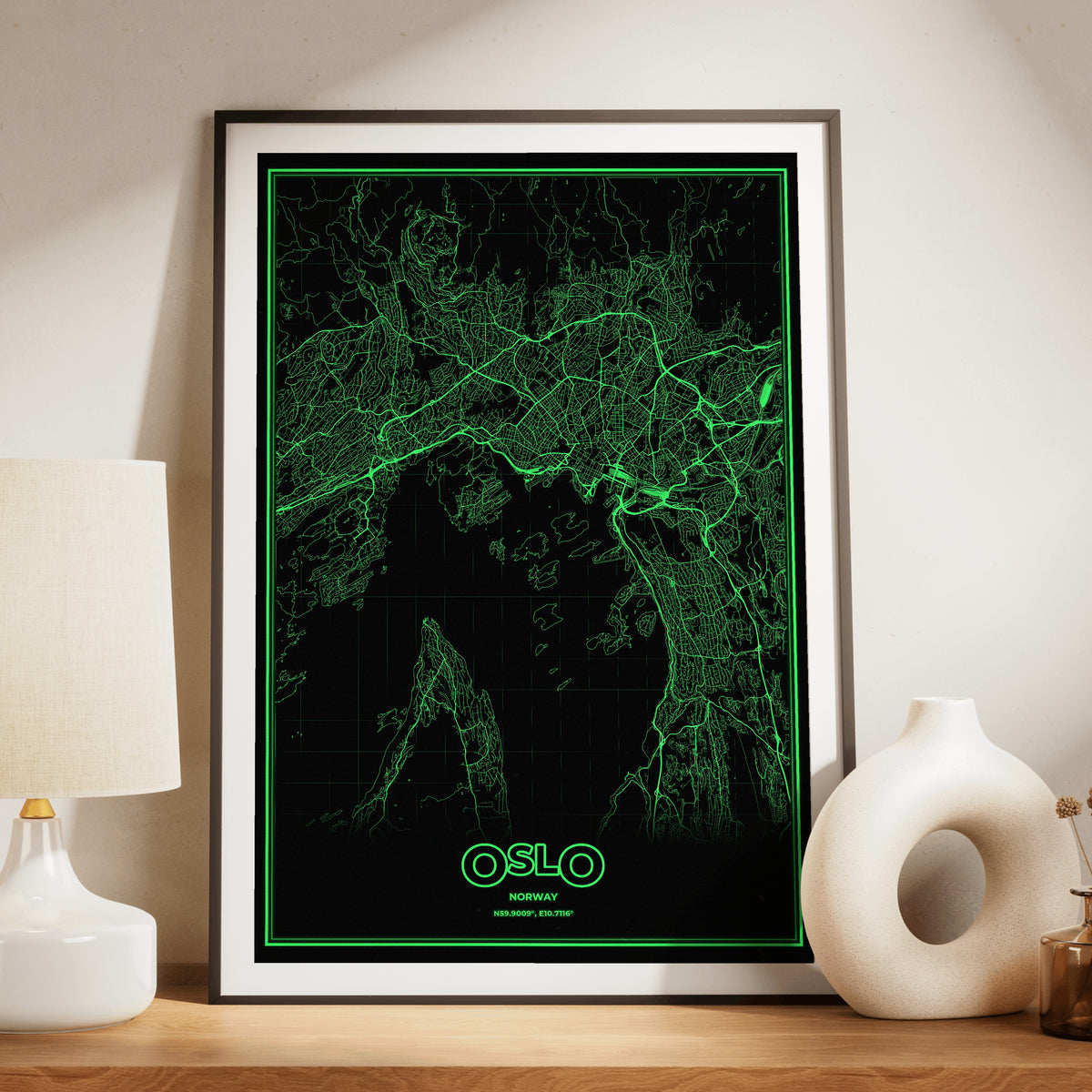 Oslo Phosphor Map Poster - Phosphor Green