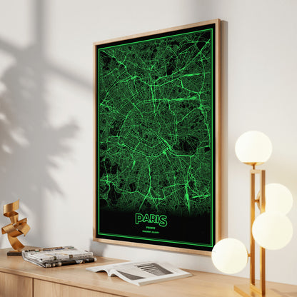 Paris Phosphor Map Poster - Phosphor Green