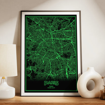 Paris Phosphor Map Poster - Phosphor Green