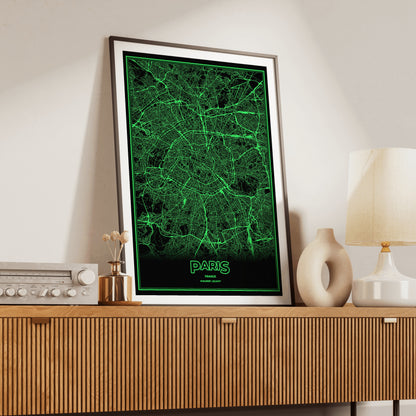 Paris Phosphor Map Poster - Phosphor Green