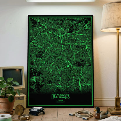Paris Phosphor Map Poster - Phosphor Green