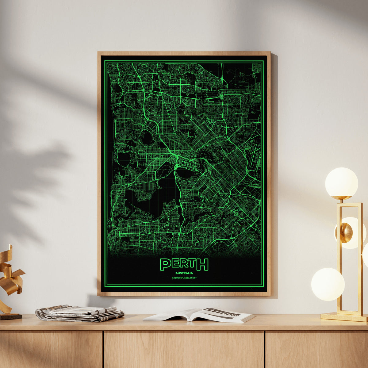 Perth Phosphor Map Poster - Phosphor Green