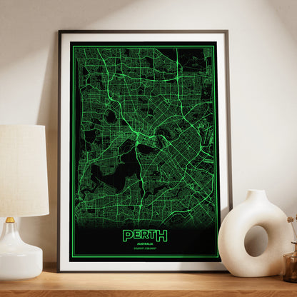 Perth Phosphor Map Poster - Phosphor Green