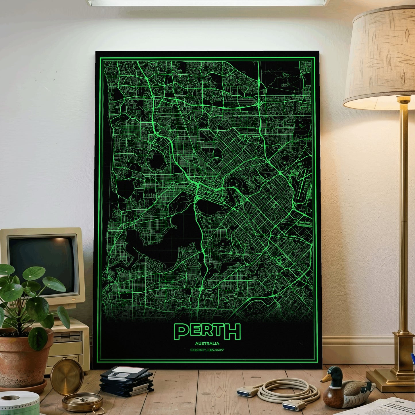 Perth Phosphor Map Poster - Phosphor Green