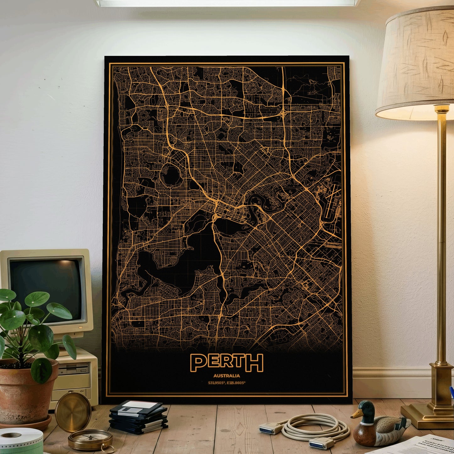 Perth Phosphor Map Poster - Amber CRT