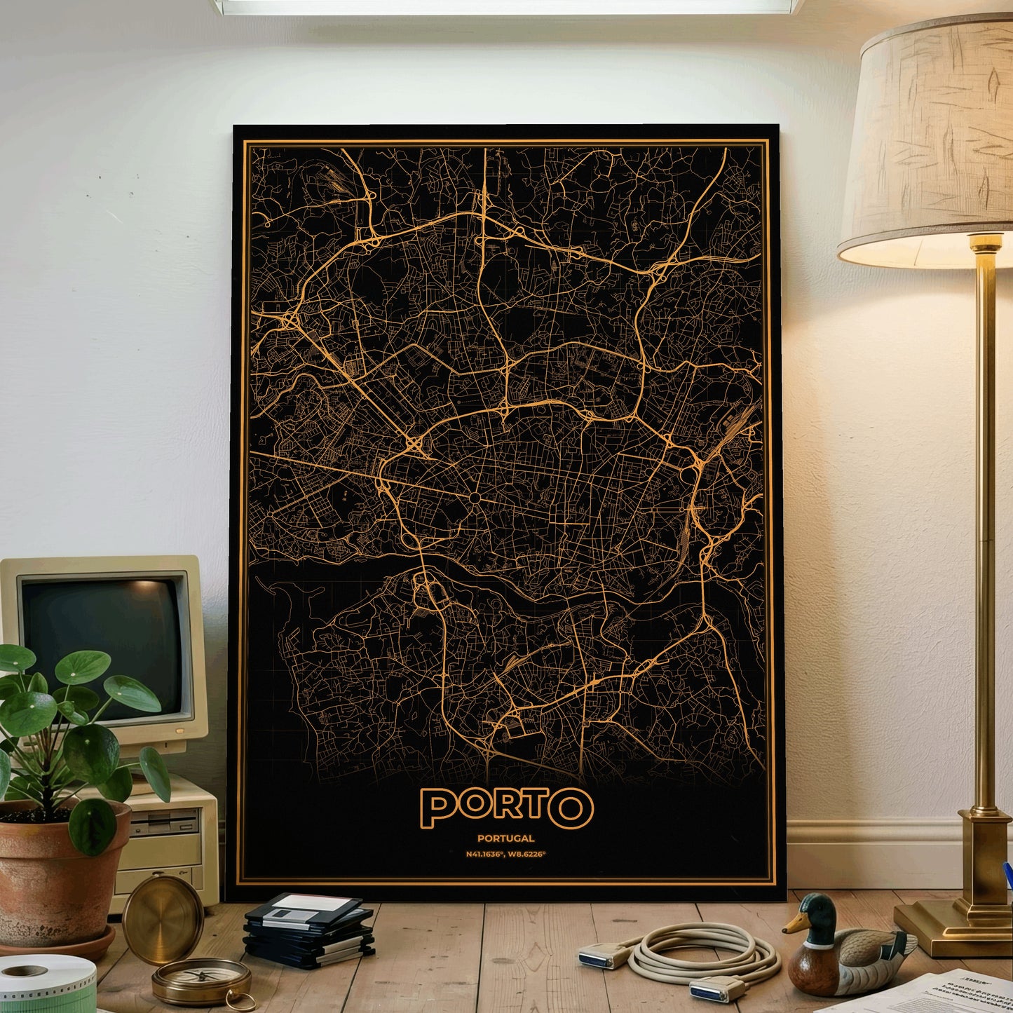 Porto Phosphor Map Poster - Amber CRT