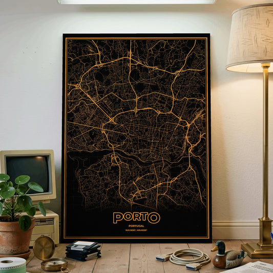 Porto Phosphor Map Poster - Amber CRT