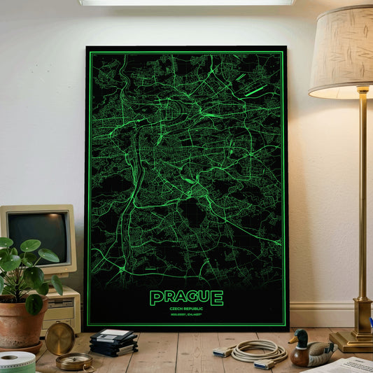 Prague Phosphor Map Poster - Phosphor Green