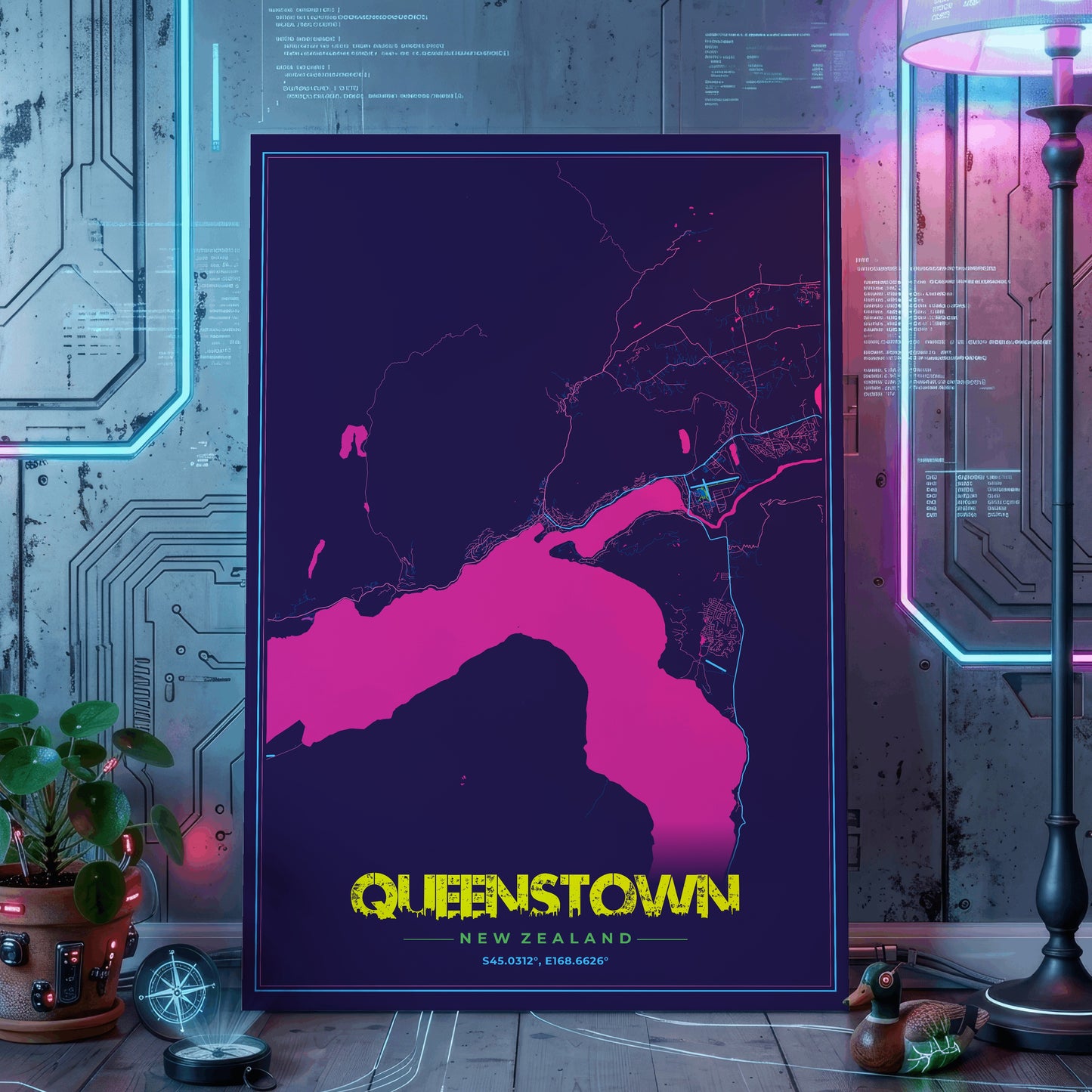 Queenstown Cyberpunk Map Poster