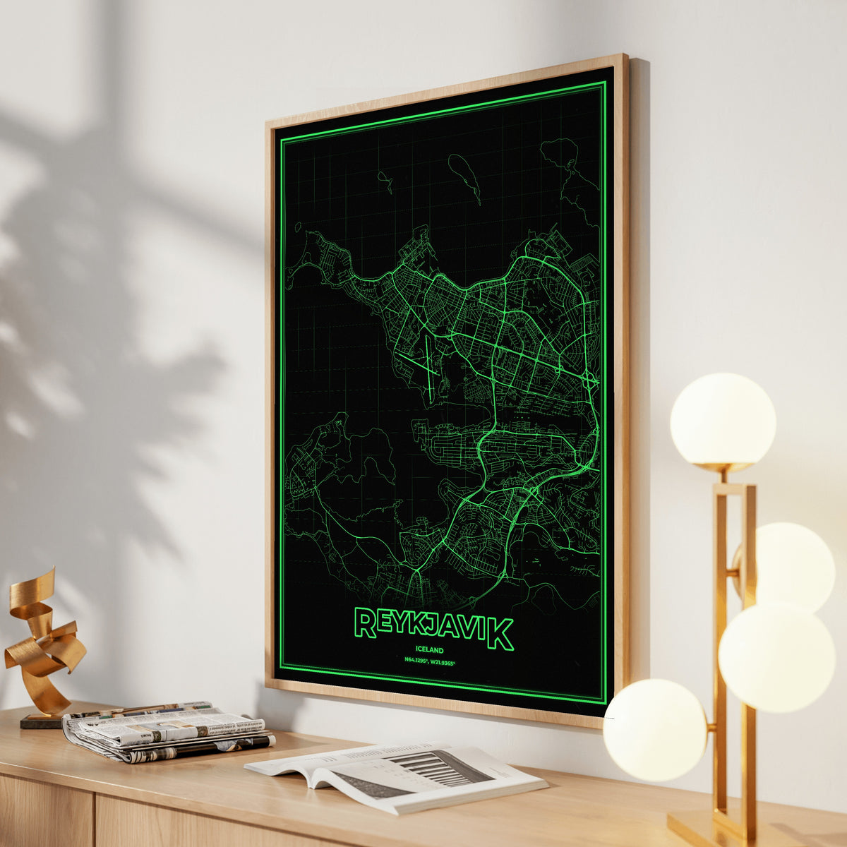 Reykjavik Phosphor Map Poster - Phosphor Green