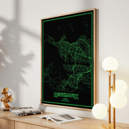 Reykjavik Phosphor Map Poster - Phosphor Green