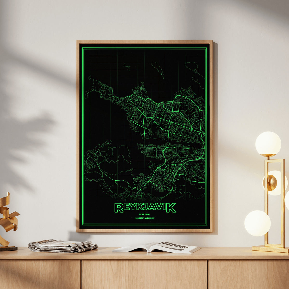 Reykjavik Phosphor Map Poster - Phosphor Green