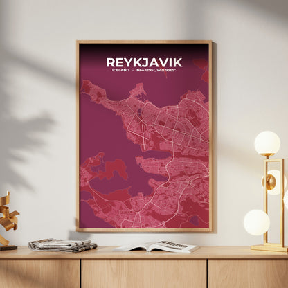 Reykjavik Scarlet Map Poster