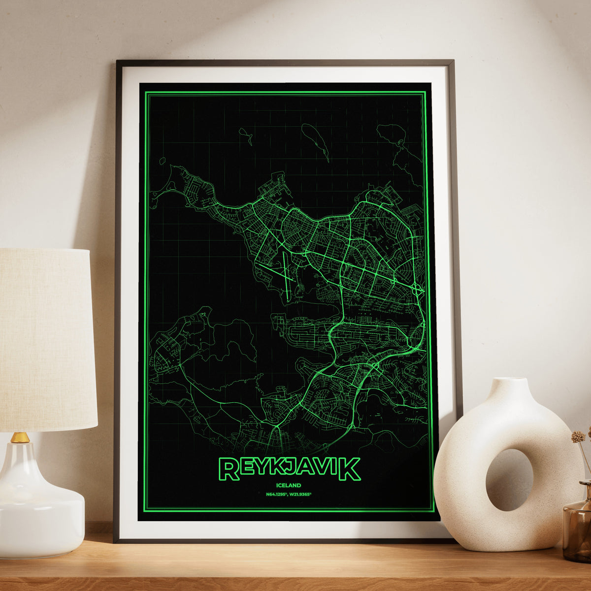 Reykjavik Phosphor Map Poster - Phosphor Green