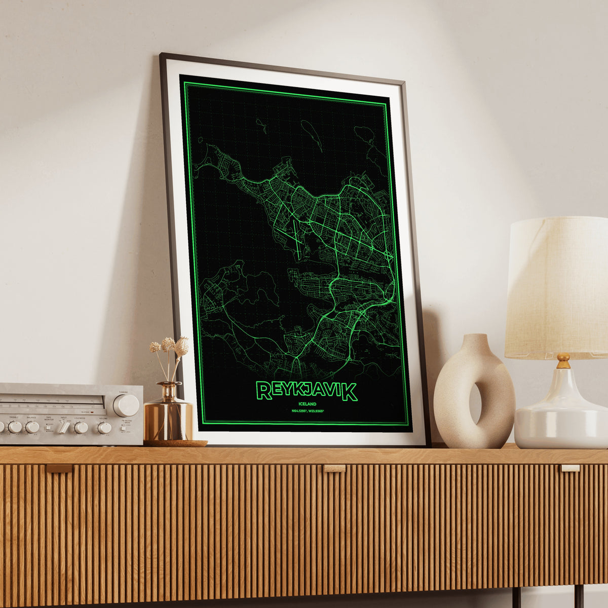 Reykjavik Phosphor Map Poster - Phosphor Green