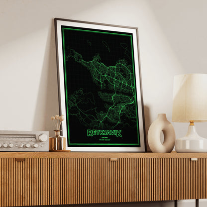 Reykjavik Phosphor Map Poster - Phosphor Green