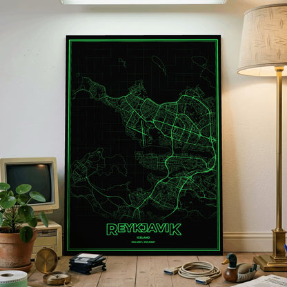 Reykjavik Phosphor Map Poster - Phosphor Green