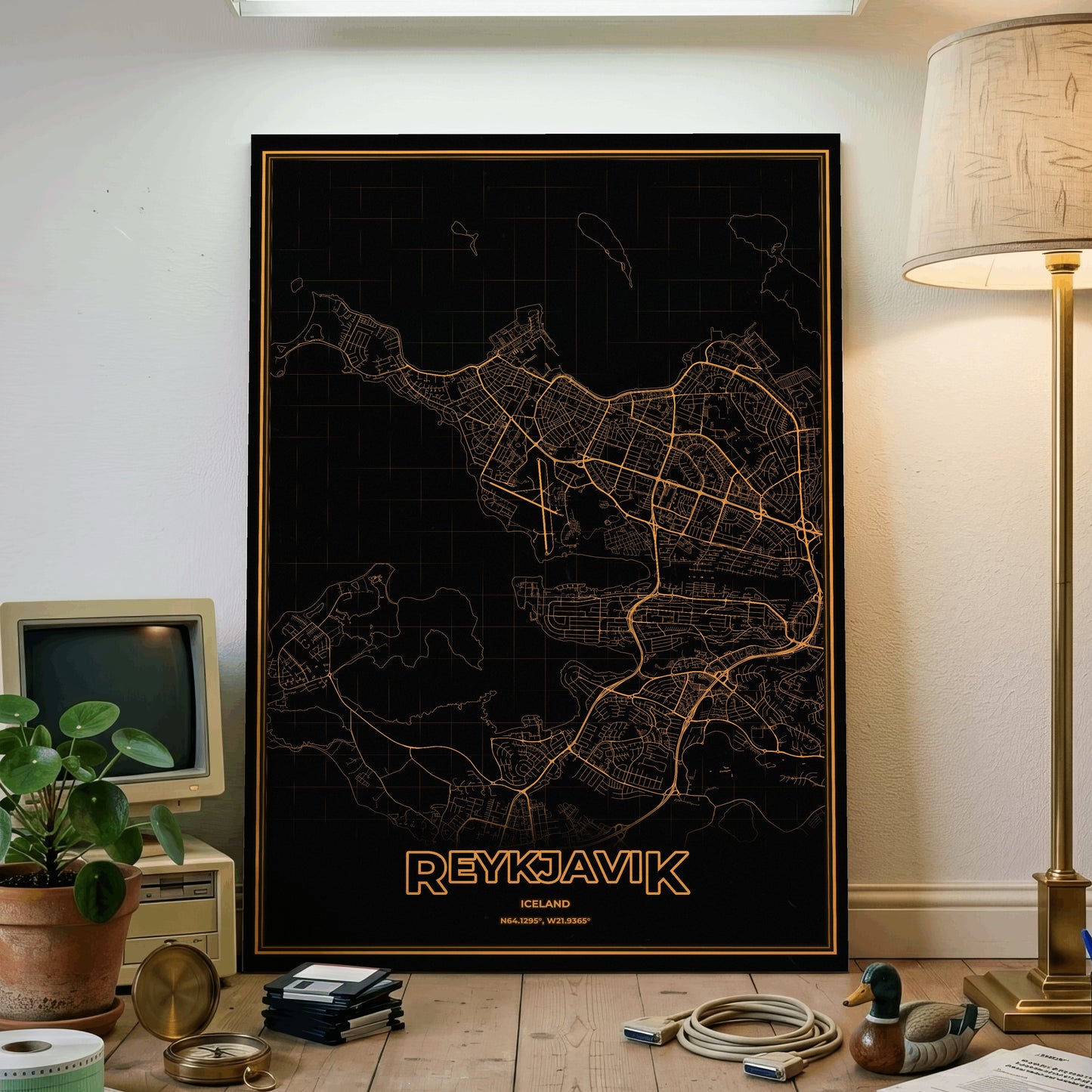 Reykjavik Phosphor Map Poster - Amber CRT