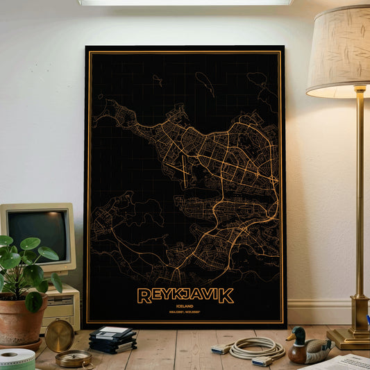 Reykjavik Phosphor Map Poster - Amber CRT