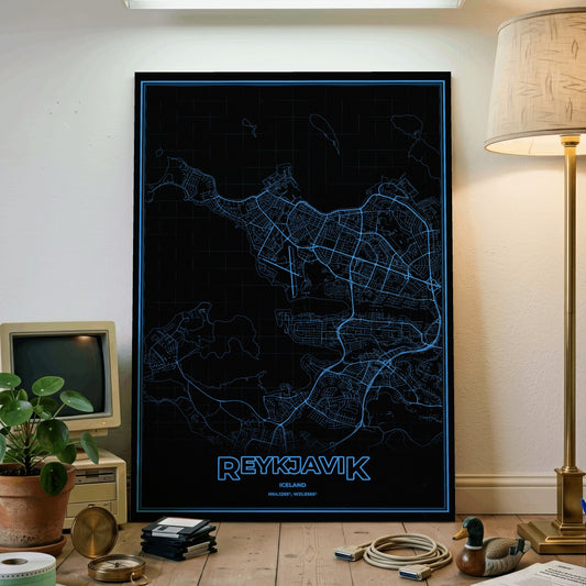 Reykjavik Phosphor Map Poster - IBM Blue