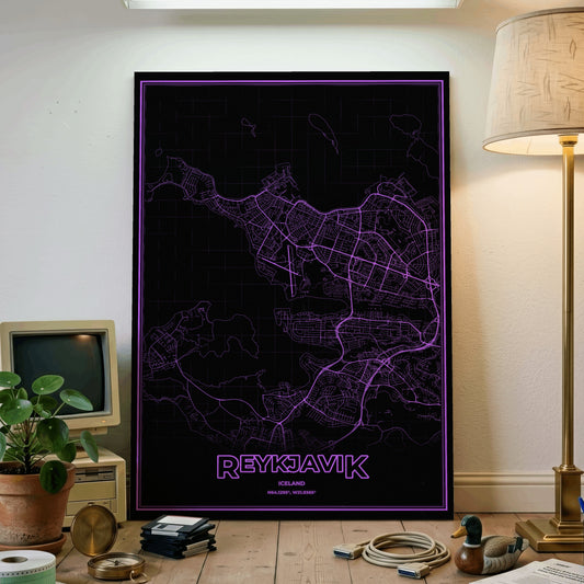 Reykjavik Phosphor Map Poster - EGA Violet