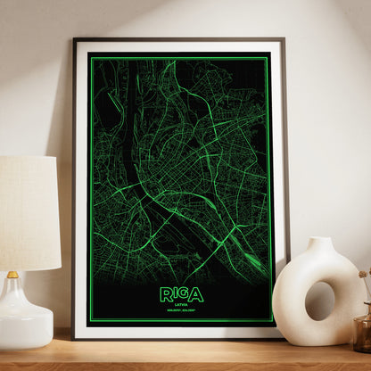 Riga Phosphor Map Poster - Phosphor Green