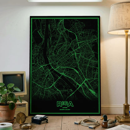 Riga Phosphor Map Poster - Phosphor Green