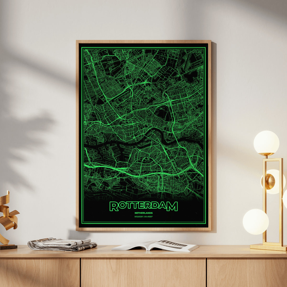Rotterdam Phosphor Map Poster - Phosphor Green