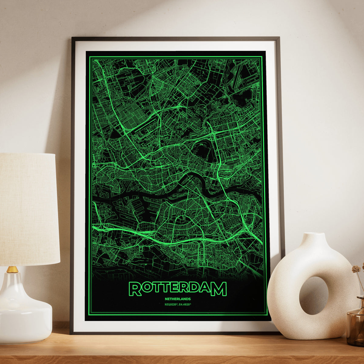 Rotterdam Phosphor Map Poster - Phosphor Green