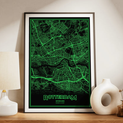 Rotterdam Phosphor Map Poster - Phosphor Green