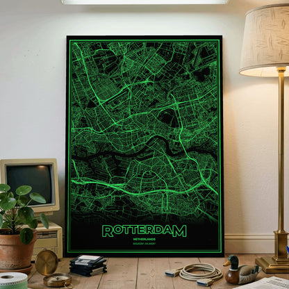 Rotterdam Phosphor Map Poster - Phosphor Green