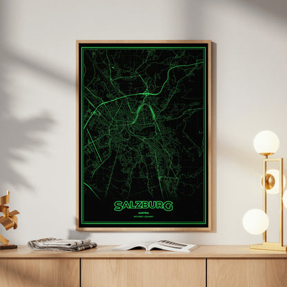 Salzburg Phosphor Map Poster - Phosphor Green