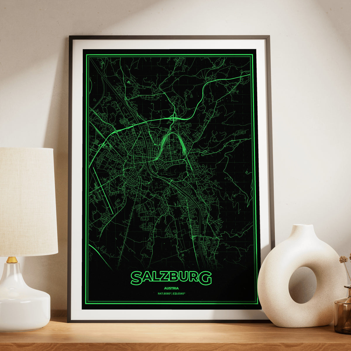 Salzburg Phosphor Map Poster - Phosphor Green