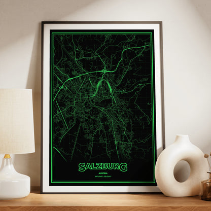 Salzburg Phosphor Map Poster - Phosphor Green