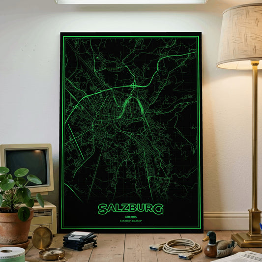 Salzburg Phosphor Map Poster - Phosphor Green
