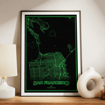 San Francisco Phosphor Map Poster - Phosphor Green