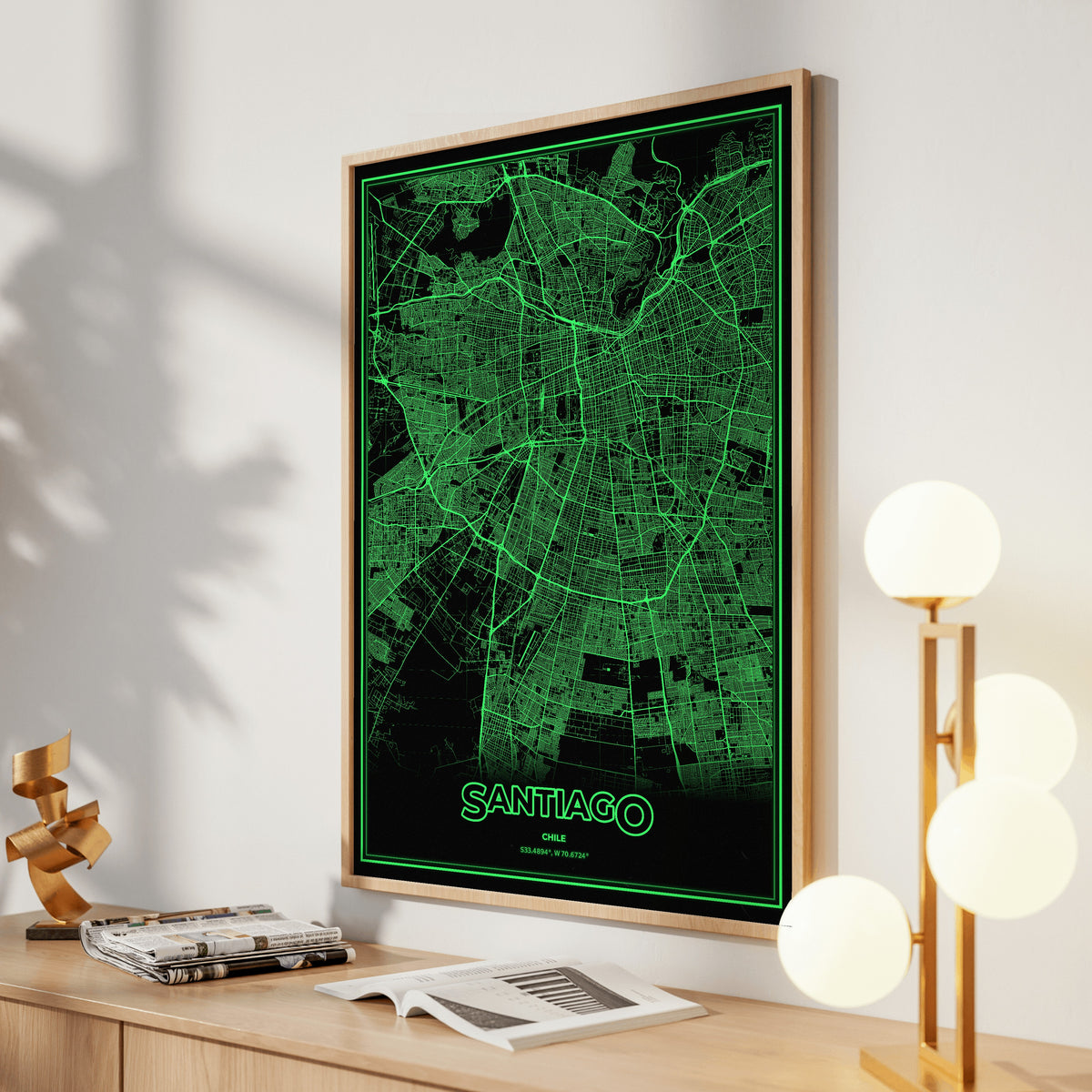 Santiago Phosphor Map Poster - Phosphor Green