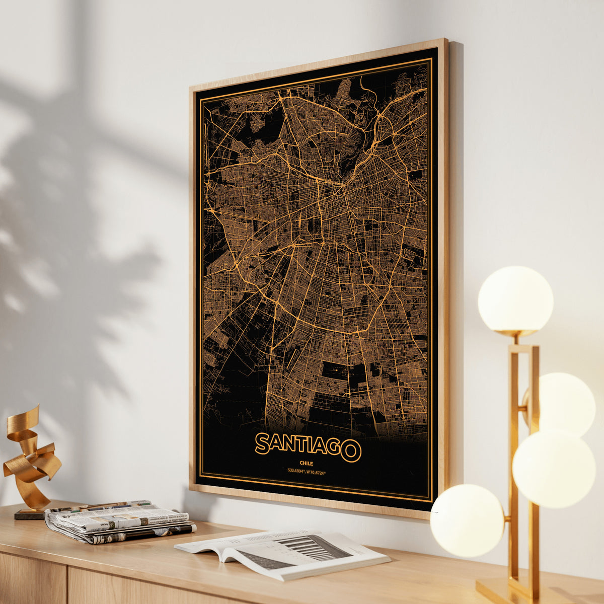 Santiago Phosphor Map Poster - Amber CRT