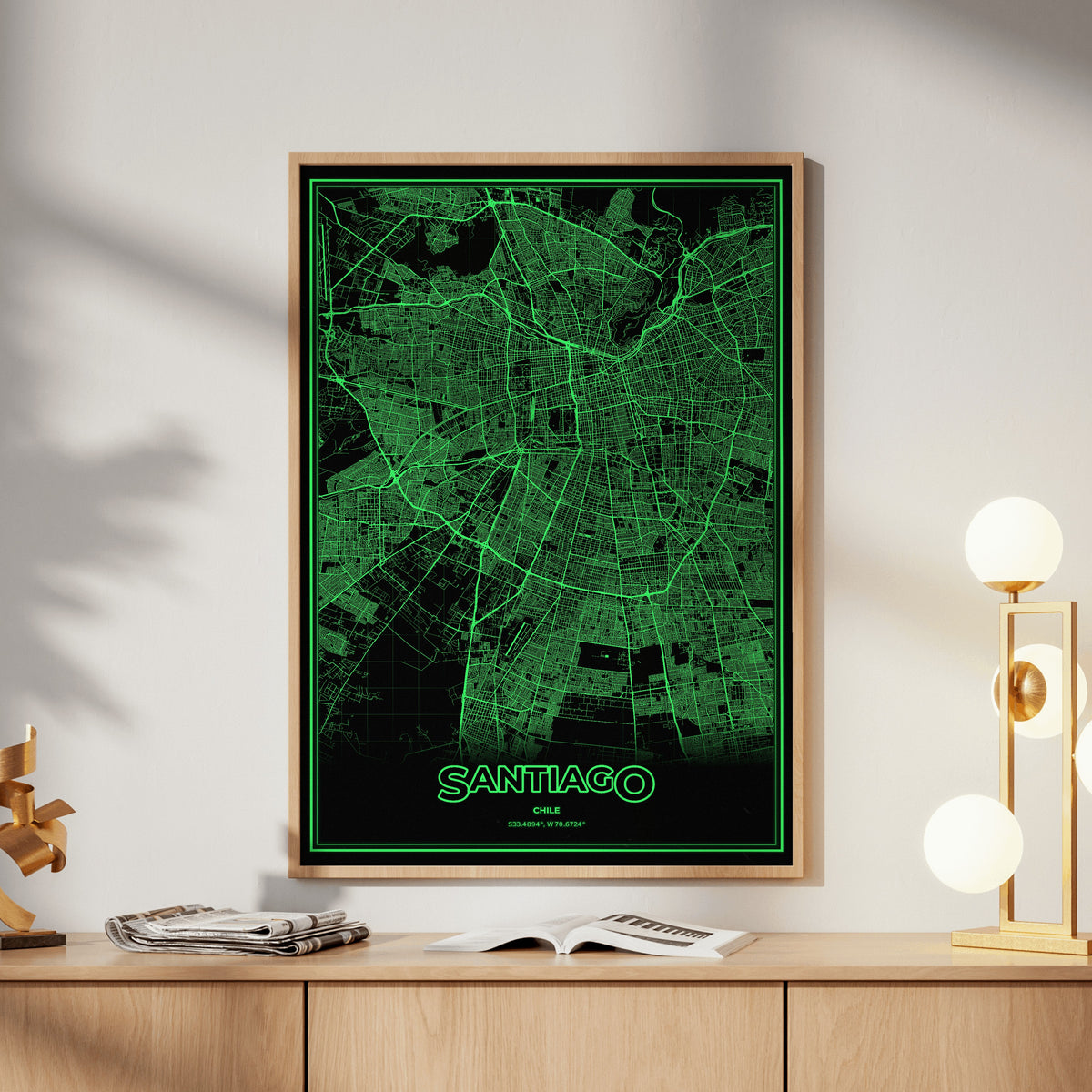 Santiago Phosphor Map Poster - Phosphor Green