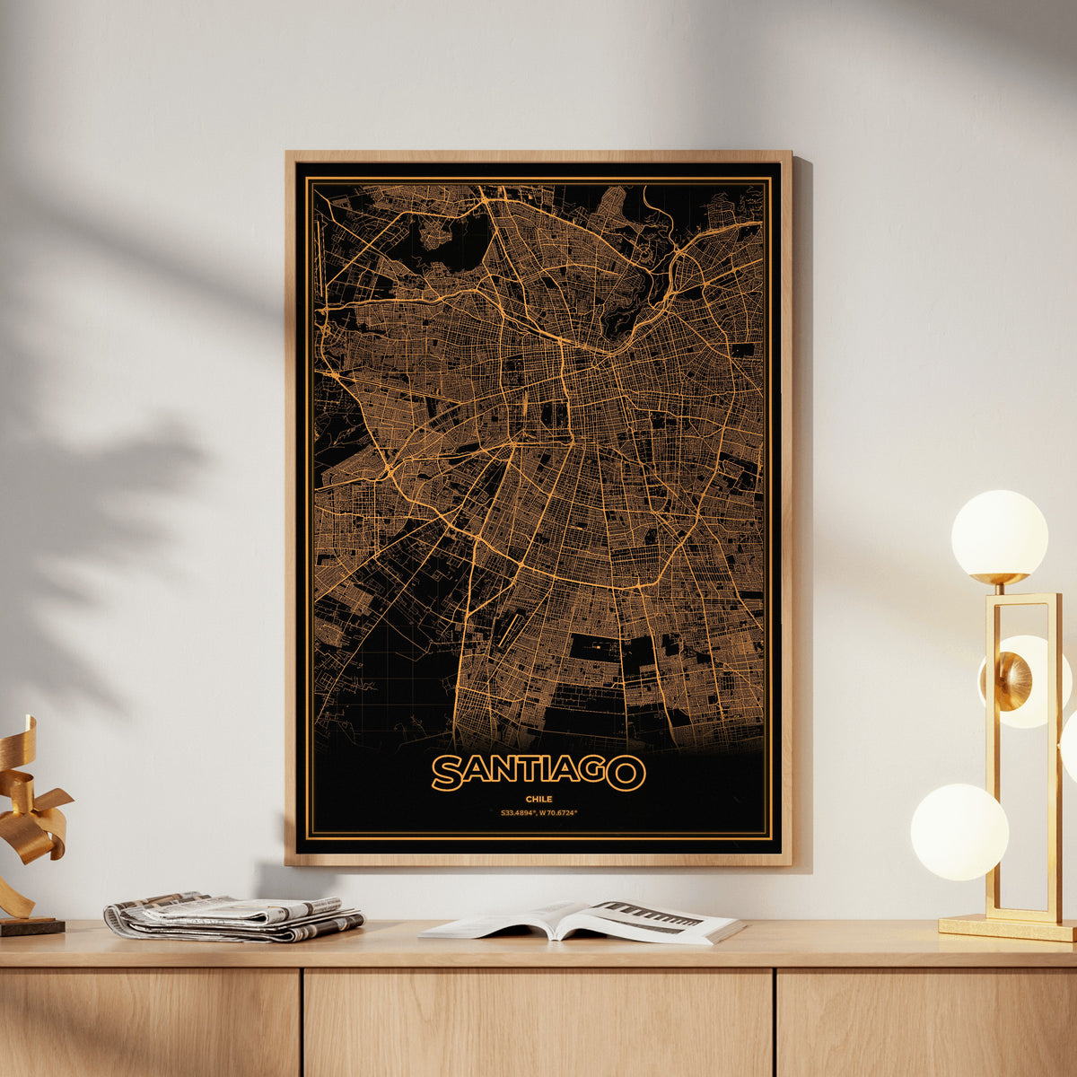 Santiago Phosphor Map Poster - Amber CRT