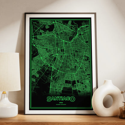 Santiago Phosphor Map Poster - Phosphor Green