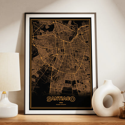 Santiago Phosphor Map Poster - Amber CRT