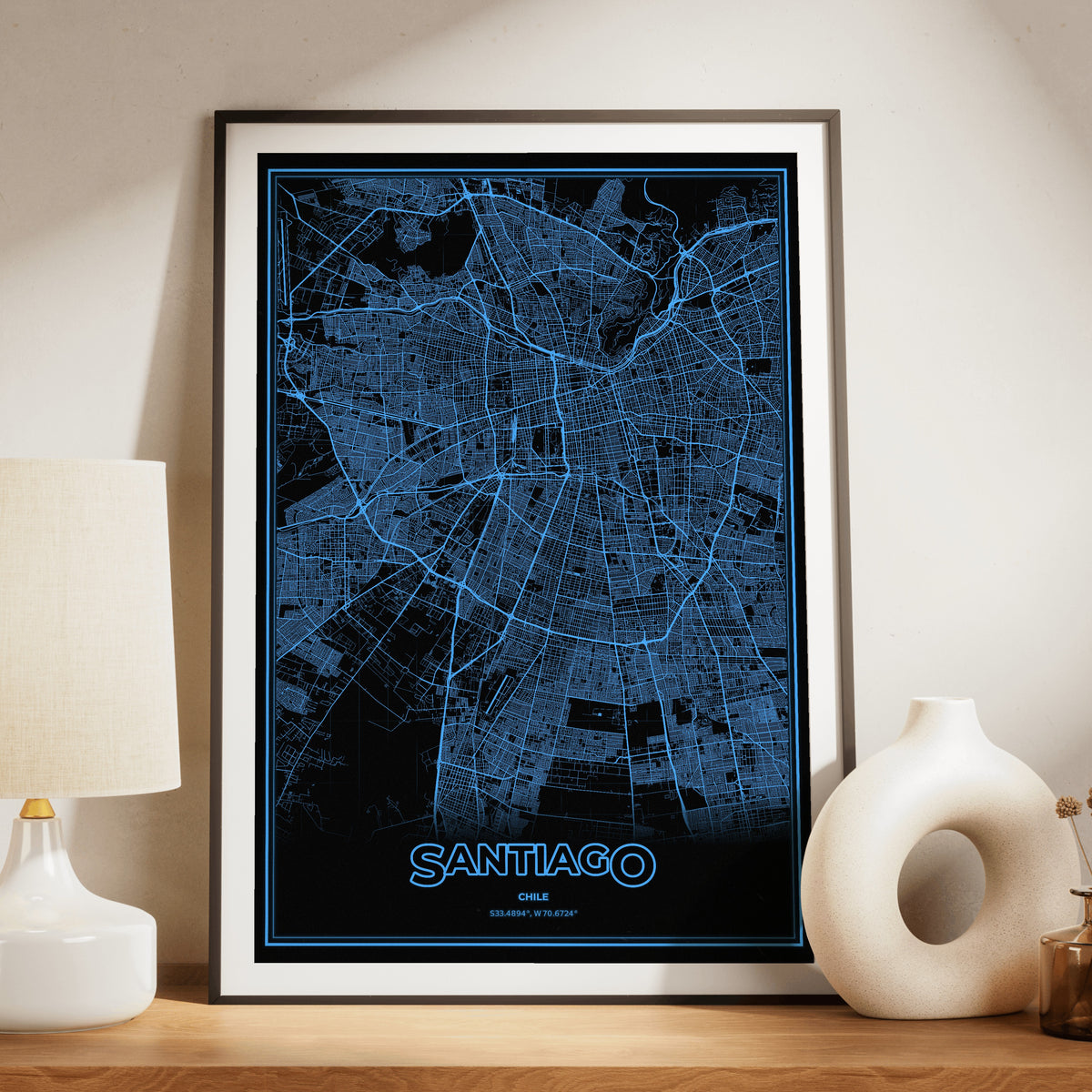 Santiago Phosphor Map Poster - IBM Blue