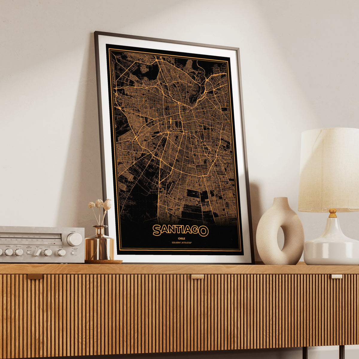 Santiago Phosphor Map Poster - Amber CRT