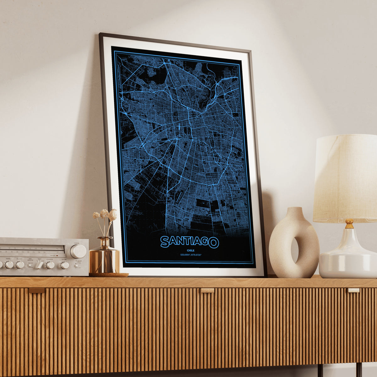 Santiago Phosphor Map Poster - IBM Blue