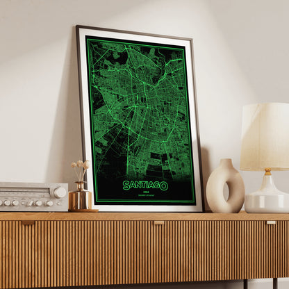 Santiago Phosphor Map Poster - Phosphor Green
