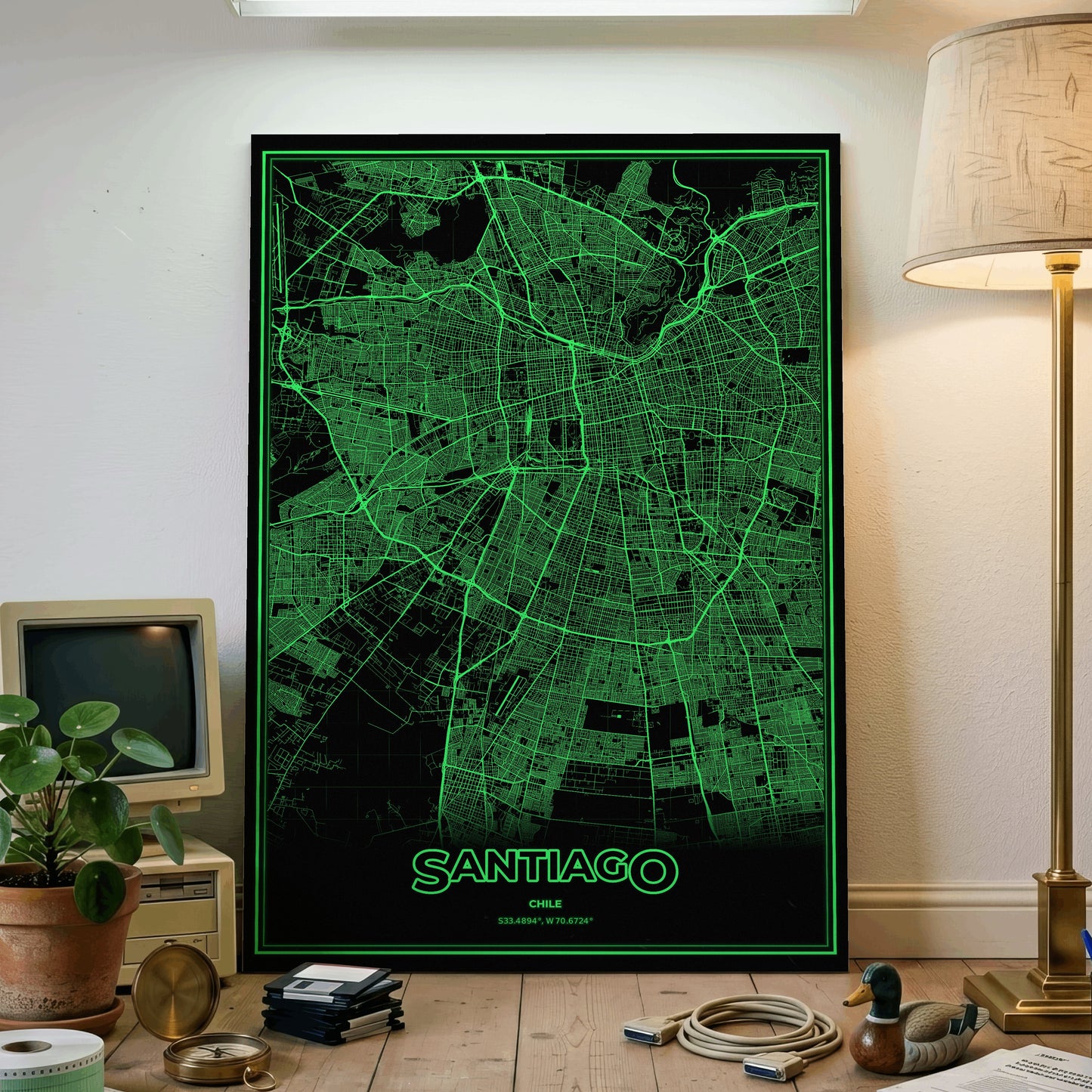 Santiago Phosphor Map Poster - Phosphor Green