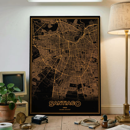 Santiago Phosphor Map Poster - Amber CRT