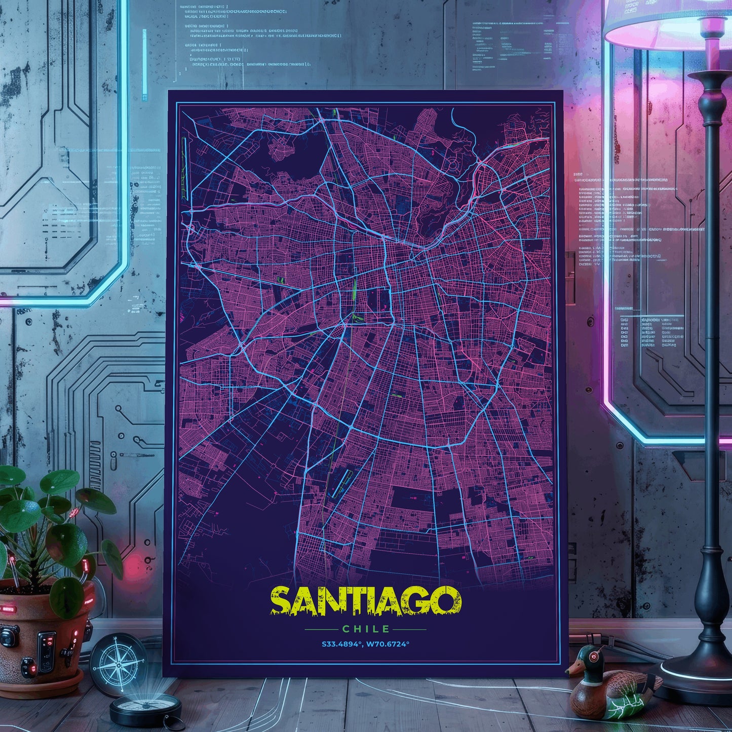 Santiago Cyberpunk Map Poster