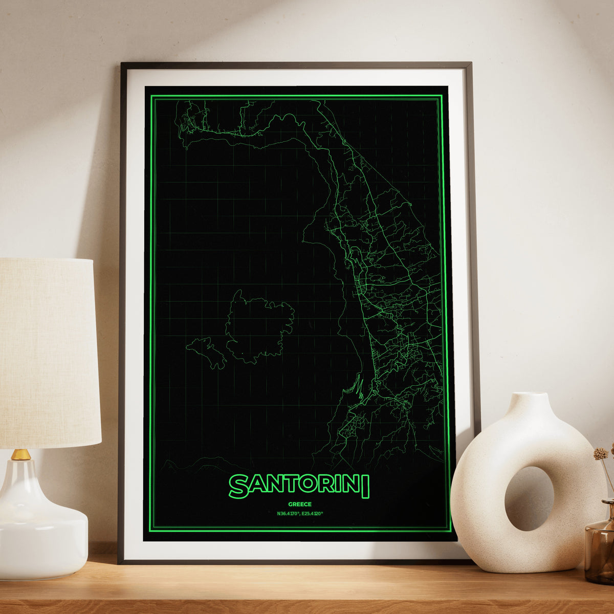 Santorini Phosphor Map Poster - Phosphor Green